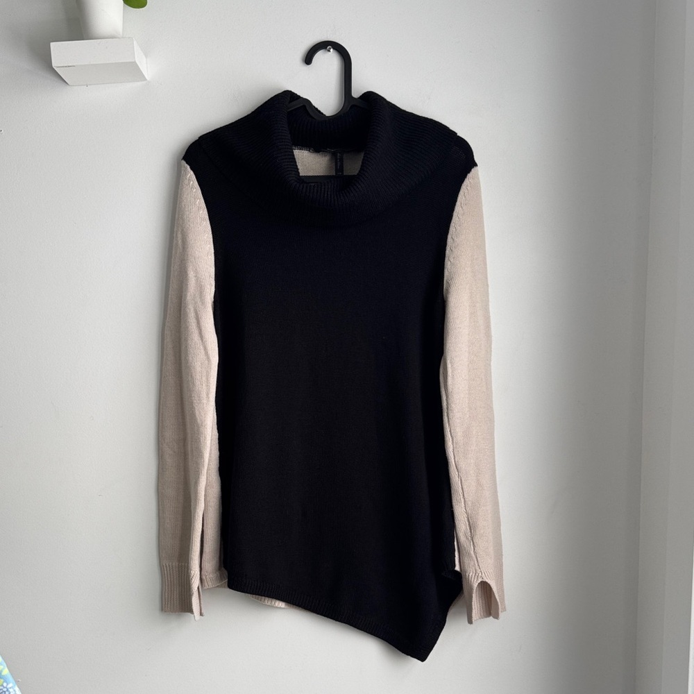 BCBGMaxAzria Black and Cream Cowl Neck Merino Wool Knit Sweater